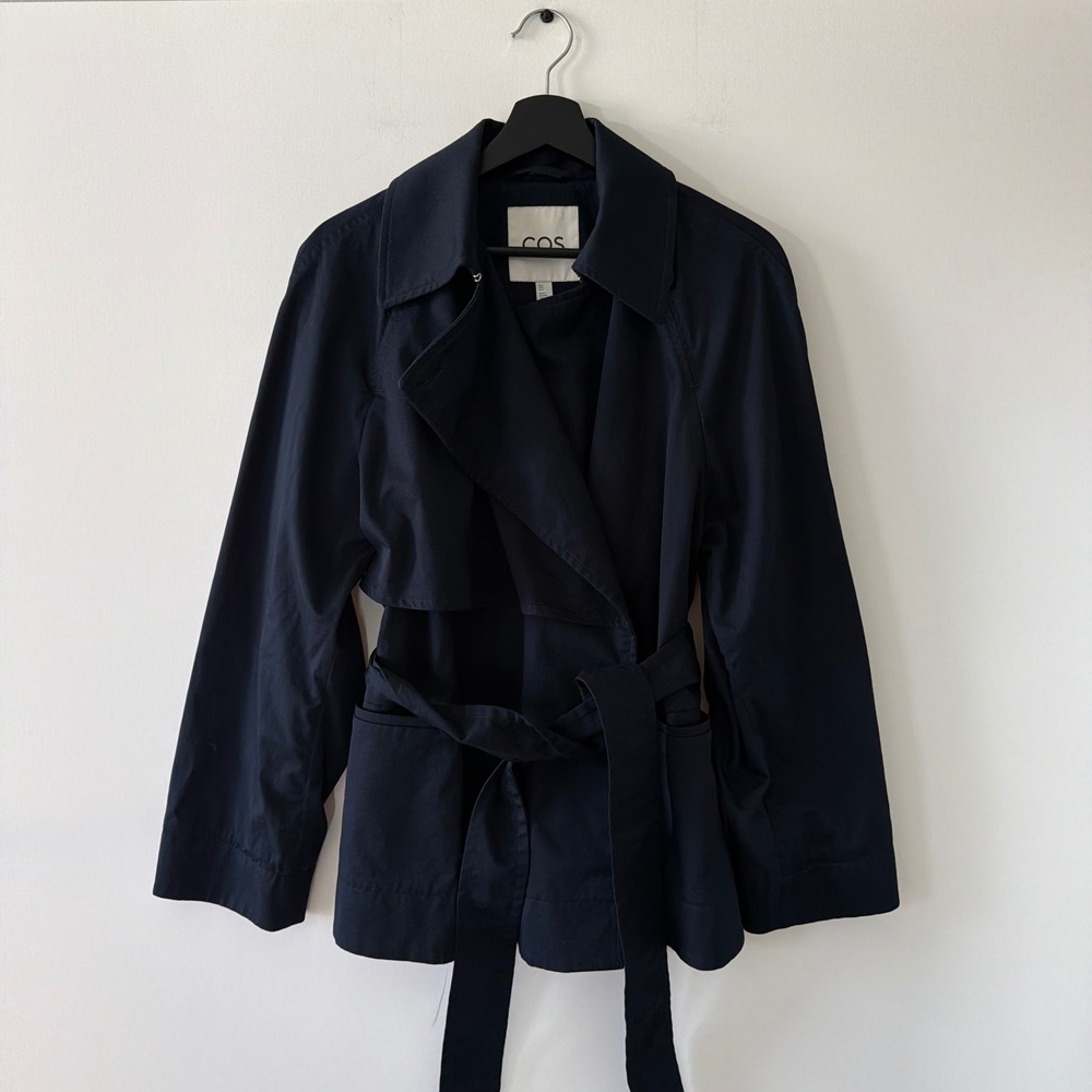 COS Womens Navy Blue Short Belted Trench Jacket Size 8 Cotton Blend Storm Flap